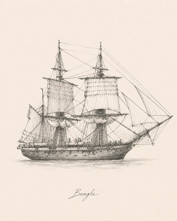 Ručne kreslená ilustrácia historickej plachetnice HMS Beagle